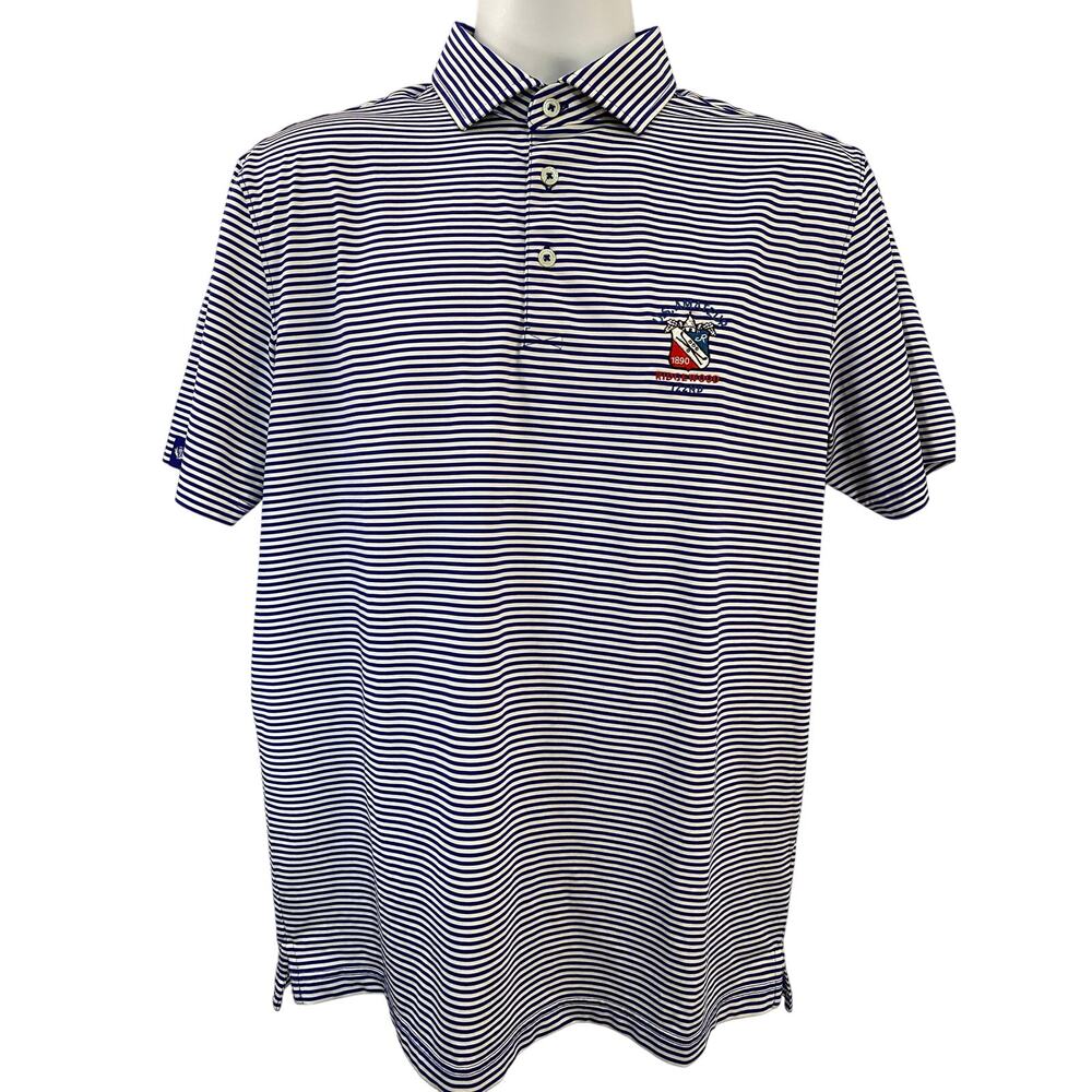 Donald Ross Sport – Men’s Medium – White/Blue Striped Polo Shirt- Club Crest